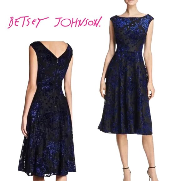 Betsey Johnson Dresses & Skirts - Betsey Johnson, Shimmer Floral Burnout Velvet Fit & Flare‎ Dress, Black, Blue